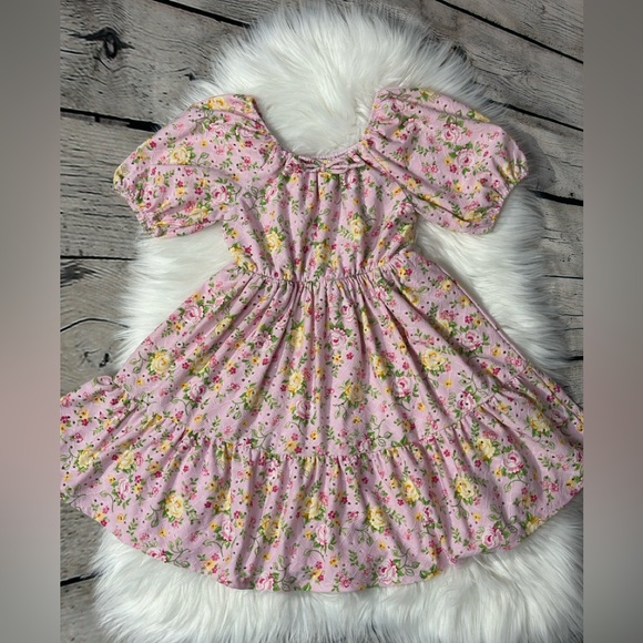 Tahari Pink and Yellow Flower Smocked Sundress with Puff Sleeves Girls Size 7 - Picture 3 of 7